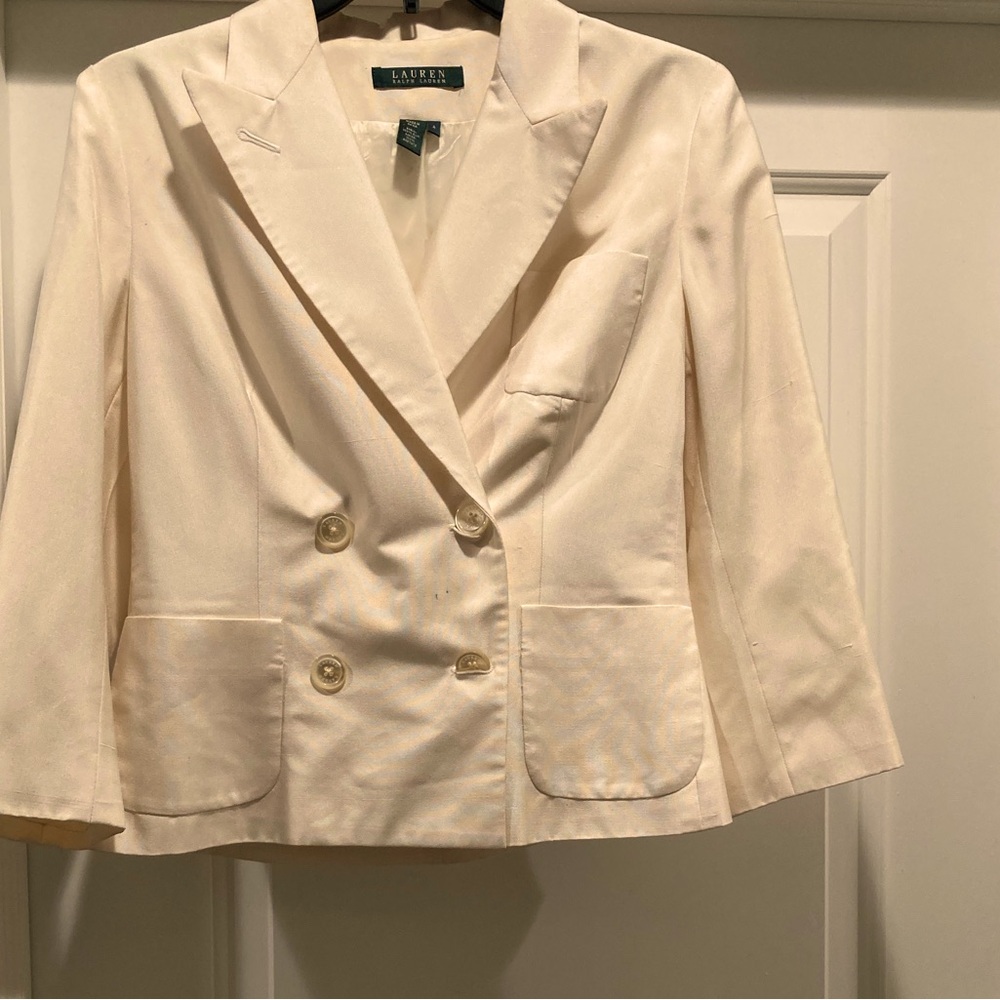 Lauren Ralph Lauren Silk Blazer Cream Double Beasted 2 Small Ink Spots In Front